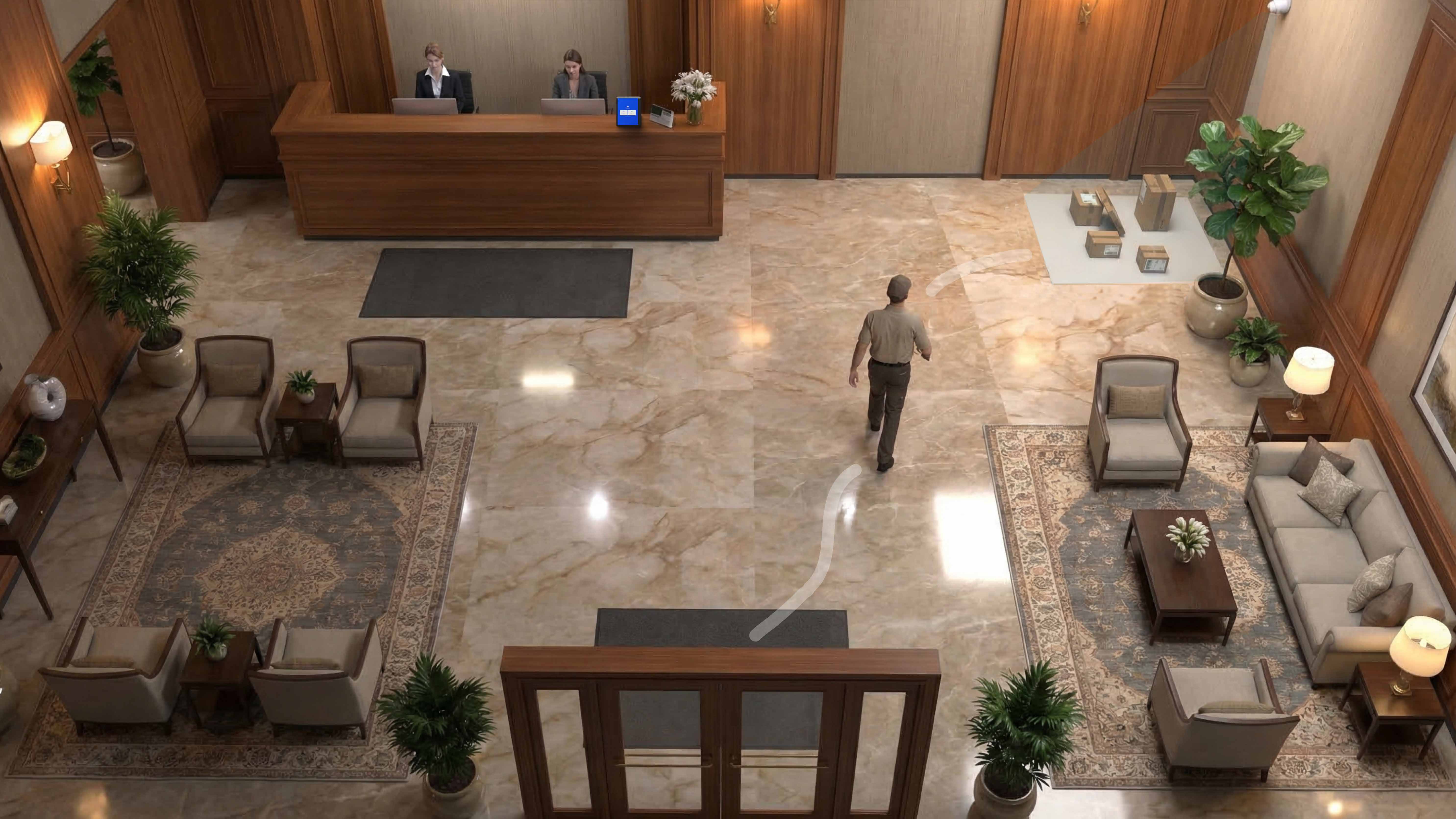 Building lobby with reception desk, PIN device and marked parcel or key drop zone